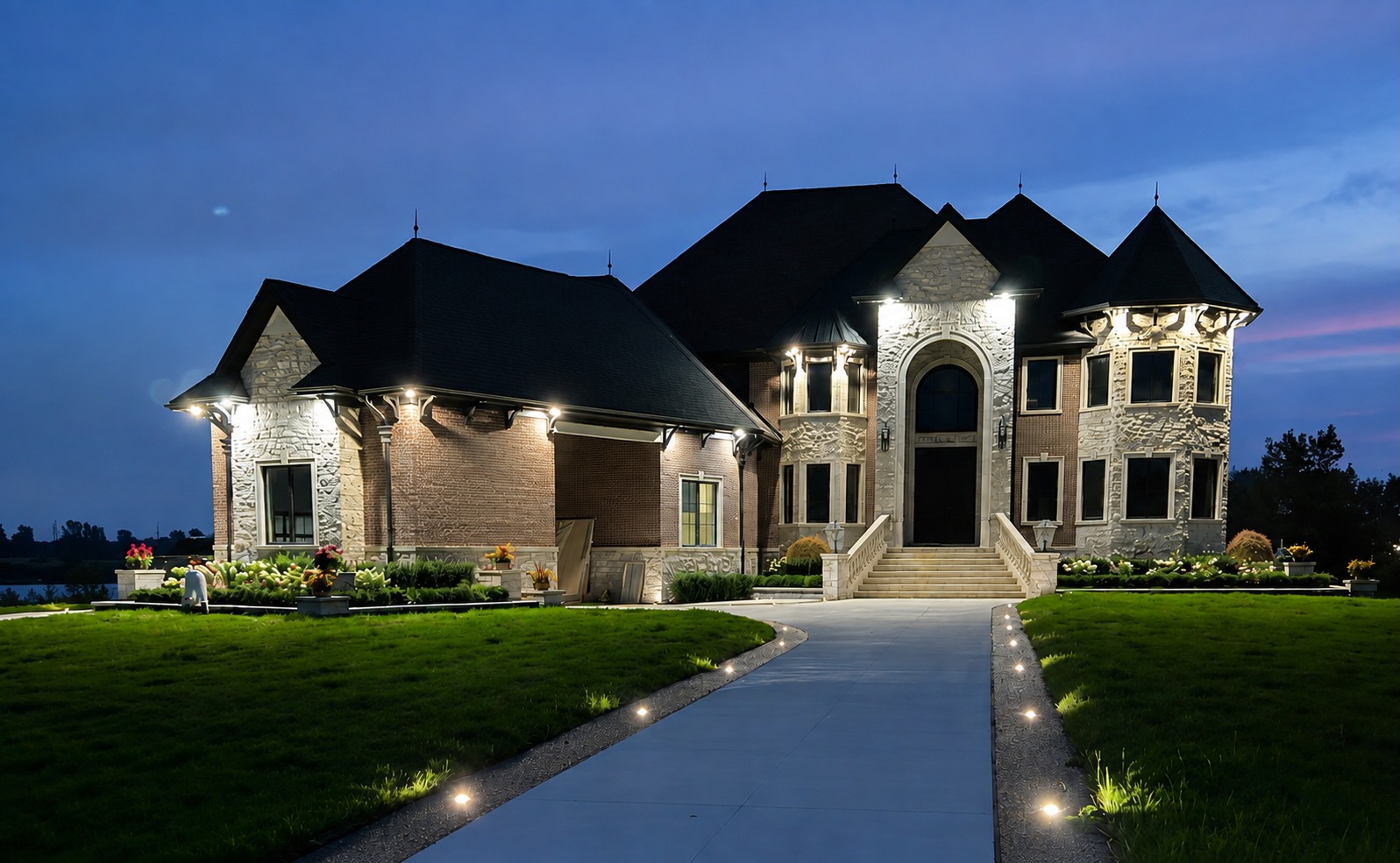 Custom home exterior at night