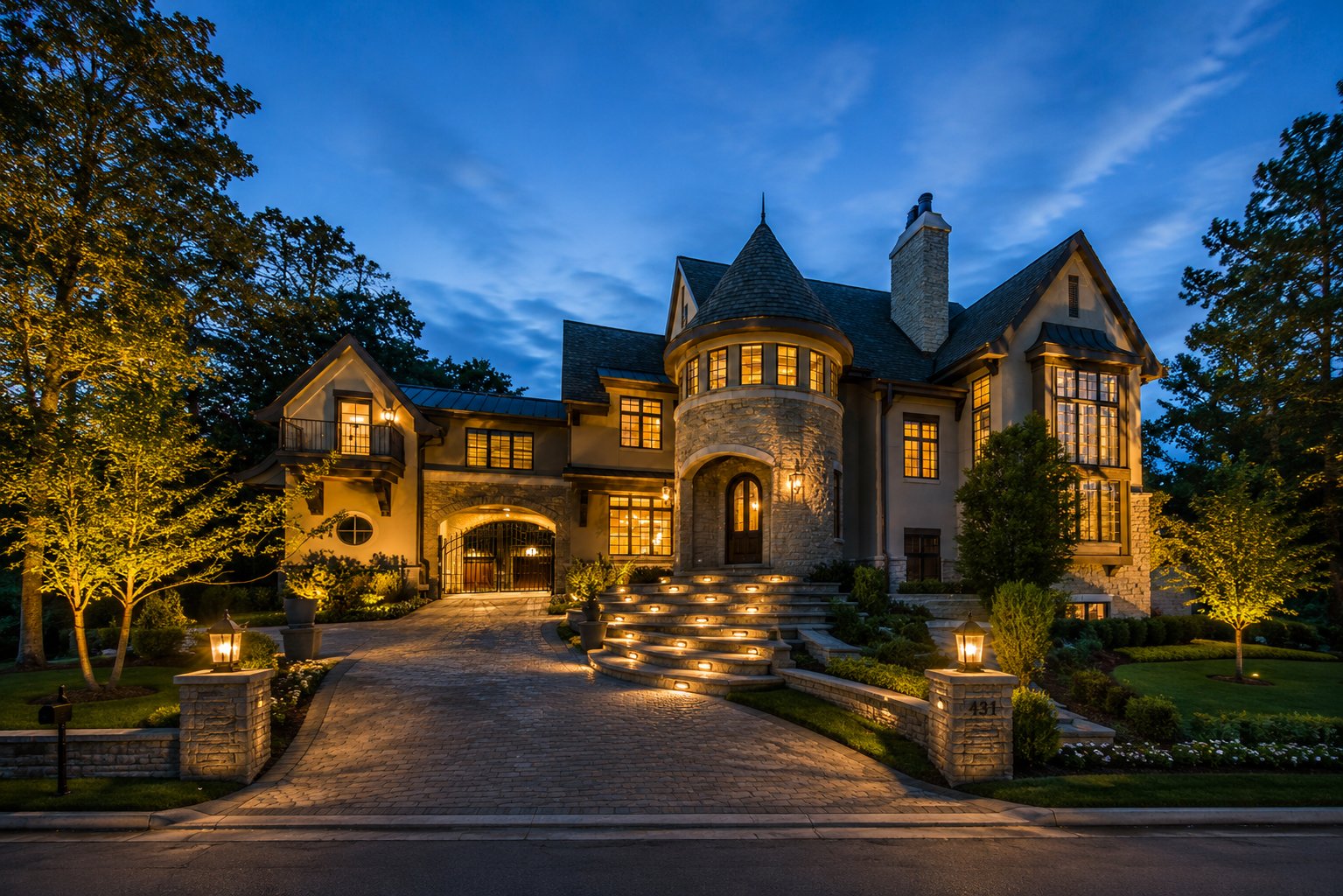 Luxury custom home exterior at dusk